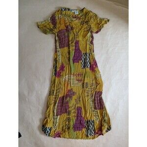 La Cera Midi Dress Womens M Yellow Floral Peasant Bohemian Cottage Boho Esthetic